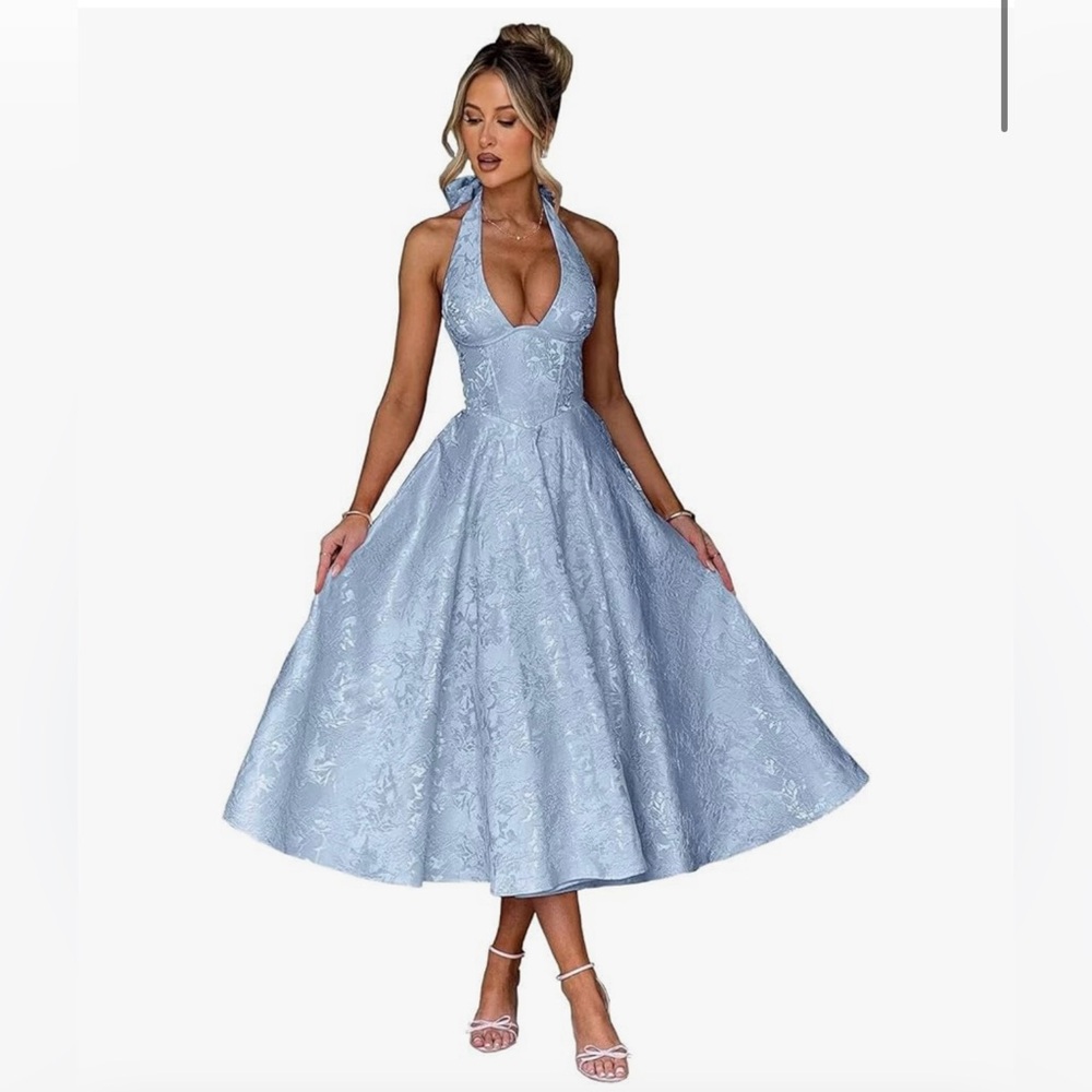 Elegant Blue Halter Dress Open Back Corset Back